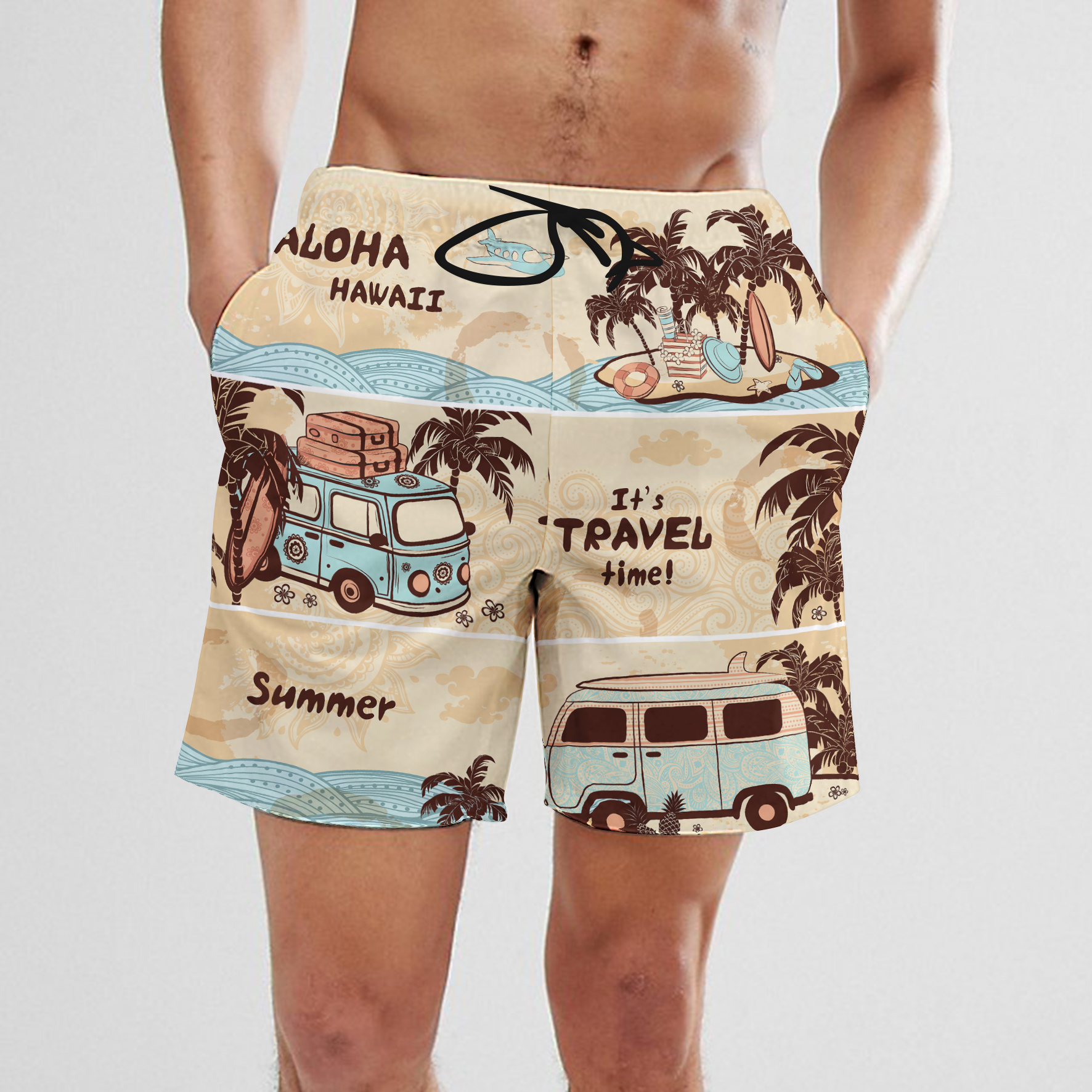 SummerFashion dessin animé cocotier voiture impression numérique hommes cordon Shorts séchage rapide hawaïen plage Fitness décontracté court