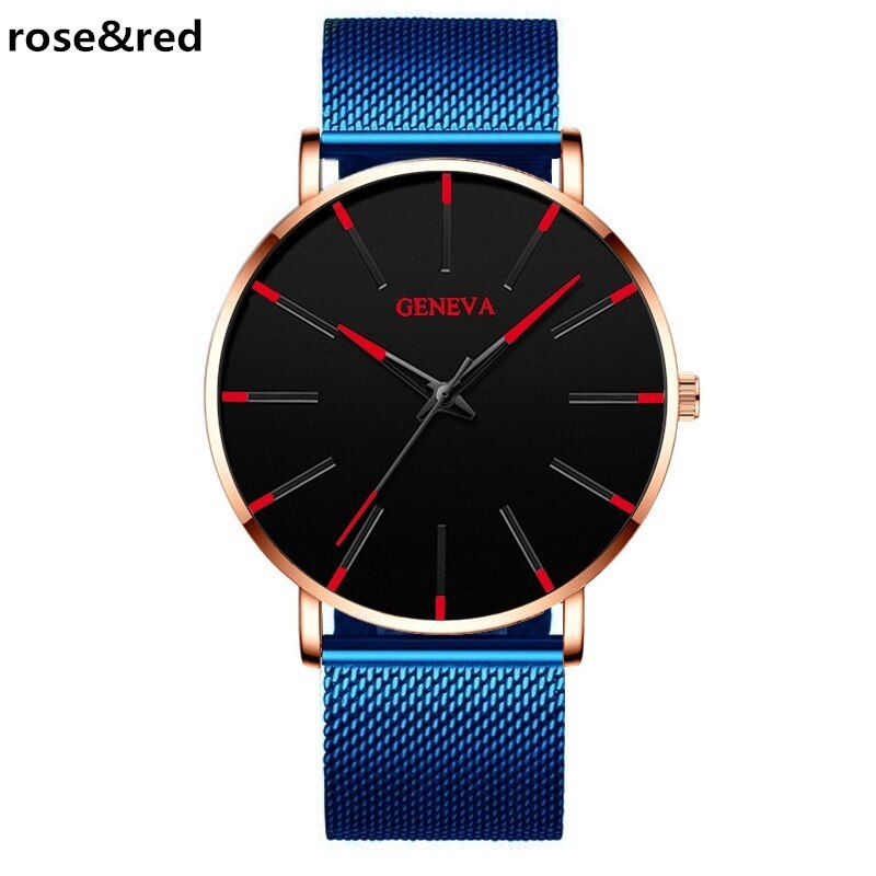 Heren ultradunne horloges minimalistische eenvoudige heren zakelijke roestvrijstalen mesh band quartz horloge relogio masculino: Blauw roos rood