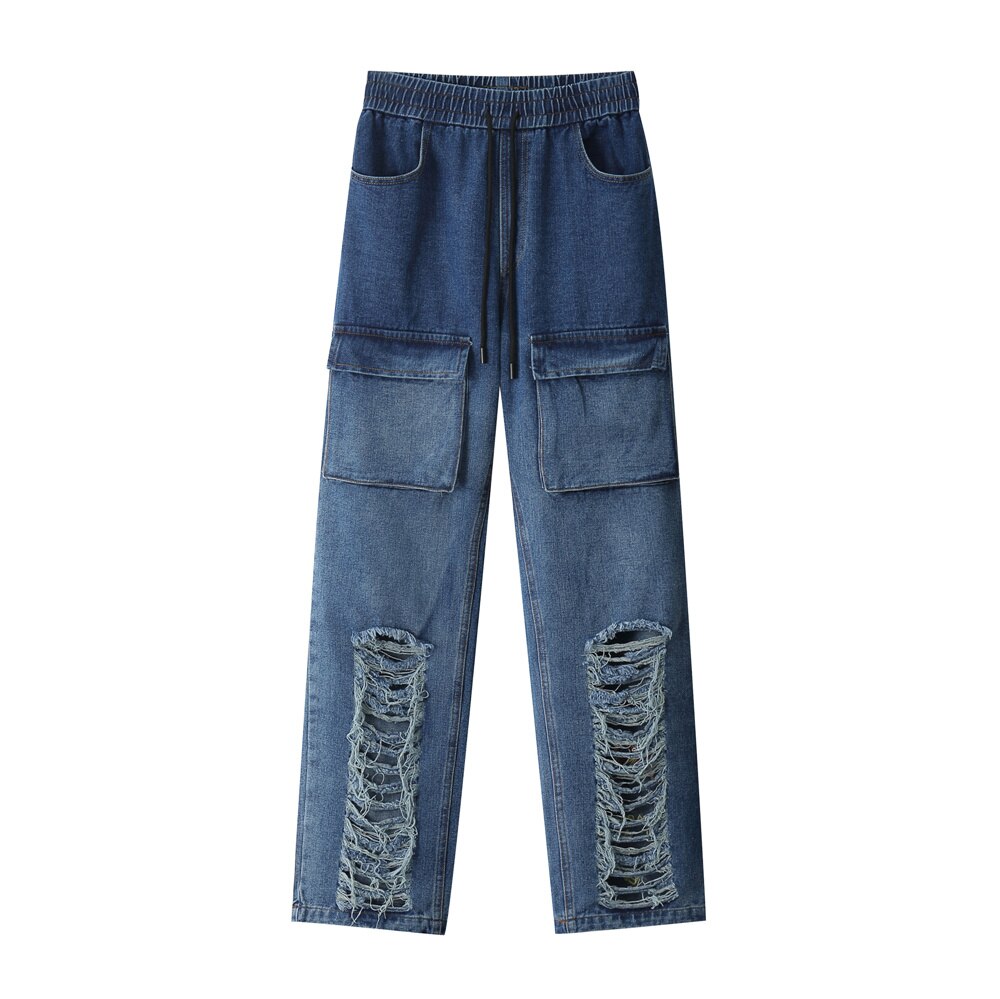LINDSEY SEADER Männer Denim Hosen gerissen Löcher Straße Hüfte hüpfen Denim Hosen Harajuku betrübt Denim Schlauch Jean Hosen: Blau / XL