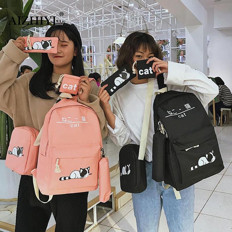 5 stks/set Vrouwen Canvas Rugzakken School Tassen voor Tienermeisjes en Jongen Afdrukken Canvas Rugzakken Dames Schoudertas