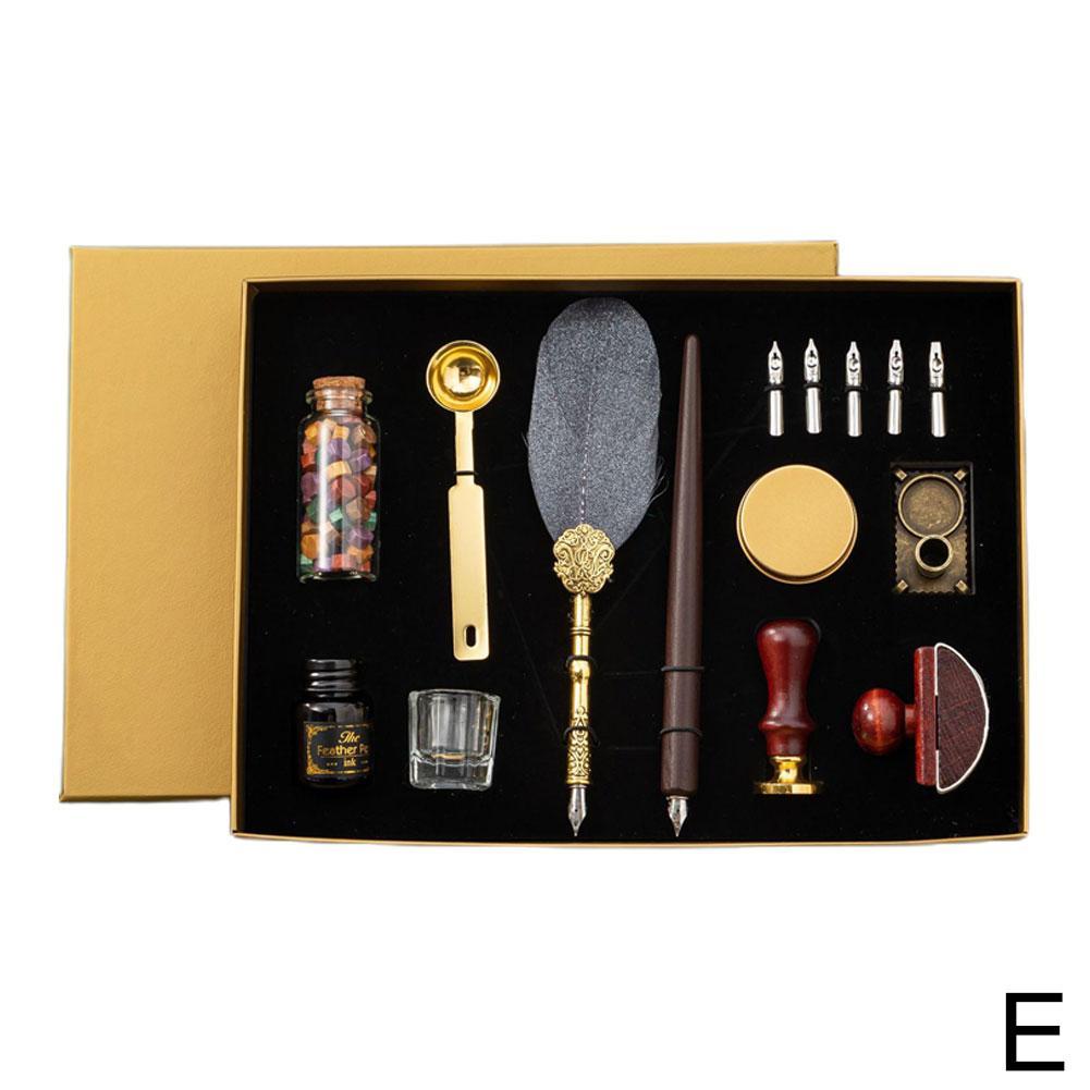 Vintage Feather Dip Fountain Pen Sets Calligraphy Writing Stamp Pen Set Ink Blotter Stationery Pen Holder Supplies Dip Scho M5r8: grey