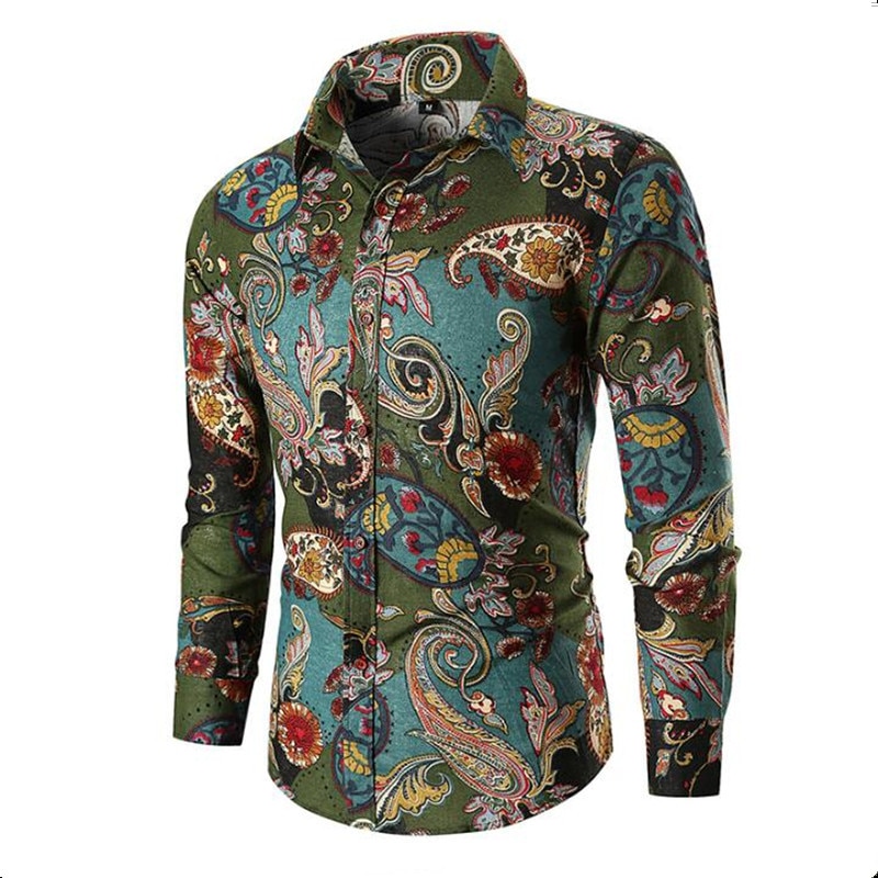 Vintage paisley print hawaiiansk skjorte mænd forår efterår lange ærmer herre kjole skjorter bryllup fest galla skjorte chemise homme