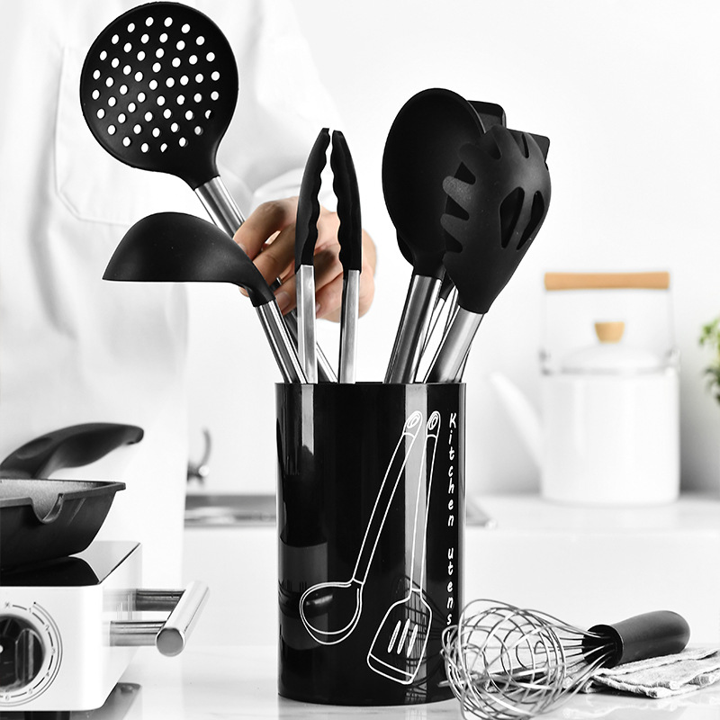 9Pcs Silicone Cooking Utensils Set Stainless Steel Handle Kitchen Utensil Set with Storage Box Serving Spatula Spoon Tongs Whisk