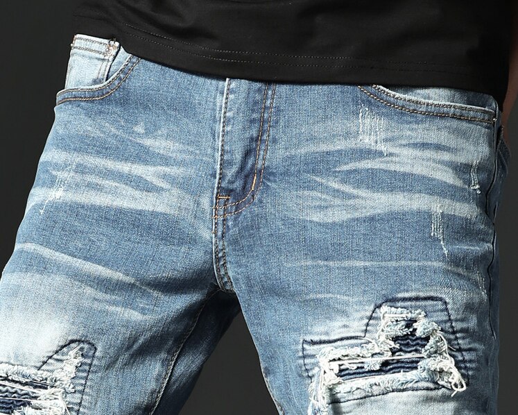Distressed patch hole biker jeans punk rock heren slim straight jeans stretch katoenen denim gescheurde broek