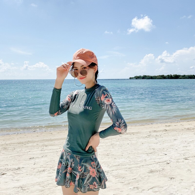 Kitesurf-traje de baño de manga larga para mujer, ropa de baño para surfear, cubierta deportiva, falda dividida, sol, coreano, Ins, Animal, poliéster