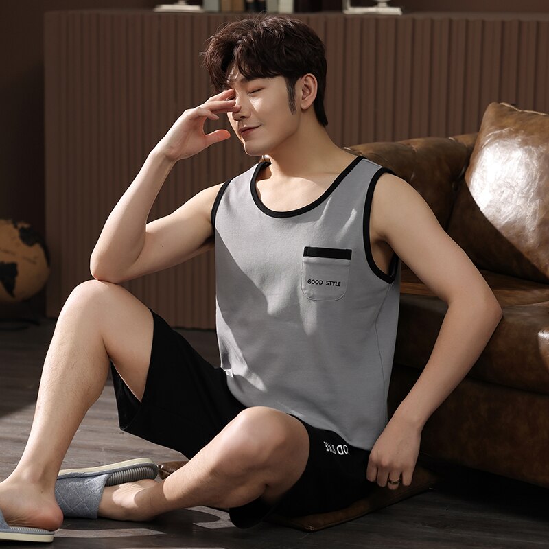 Summer Pajama Knitted Cotton Men Sleepwear Vest Pajamas Set Sleeveless Round Neck Loose Soft L-4XL Men&#39;s Clothing