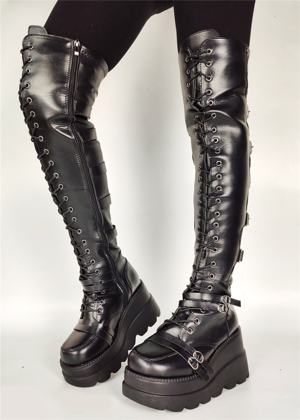 Luxus Neue Damen Hohe Plattform gotisch Über sterben Knie Stiefel Punk Party Oberschenkel Hohe Stiefel Frauen Keile hoch Fersen schuhe Frau: 9.5