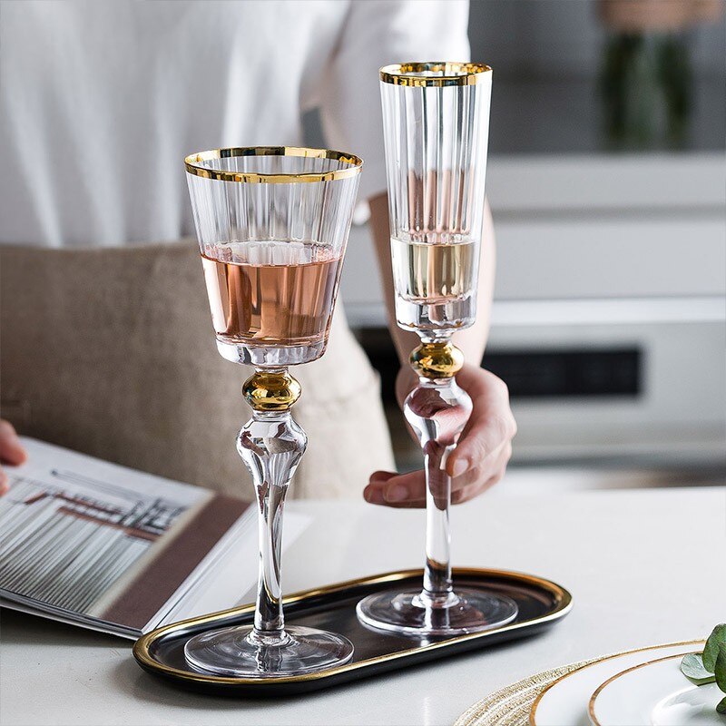 European Style Ripple Gold Red Wine Glass Goblet Champagne Cup Palace Restaurant Family Crystal Wine Drinkware