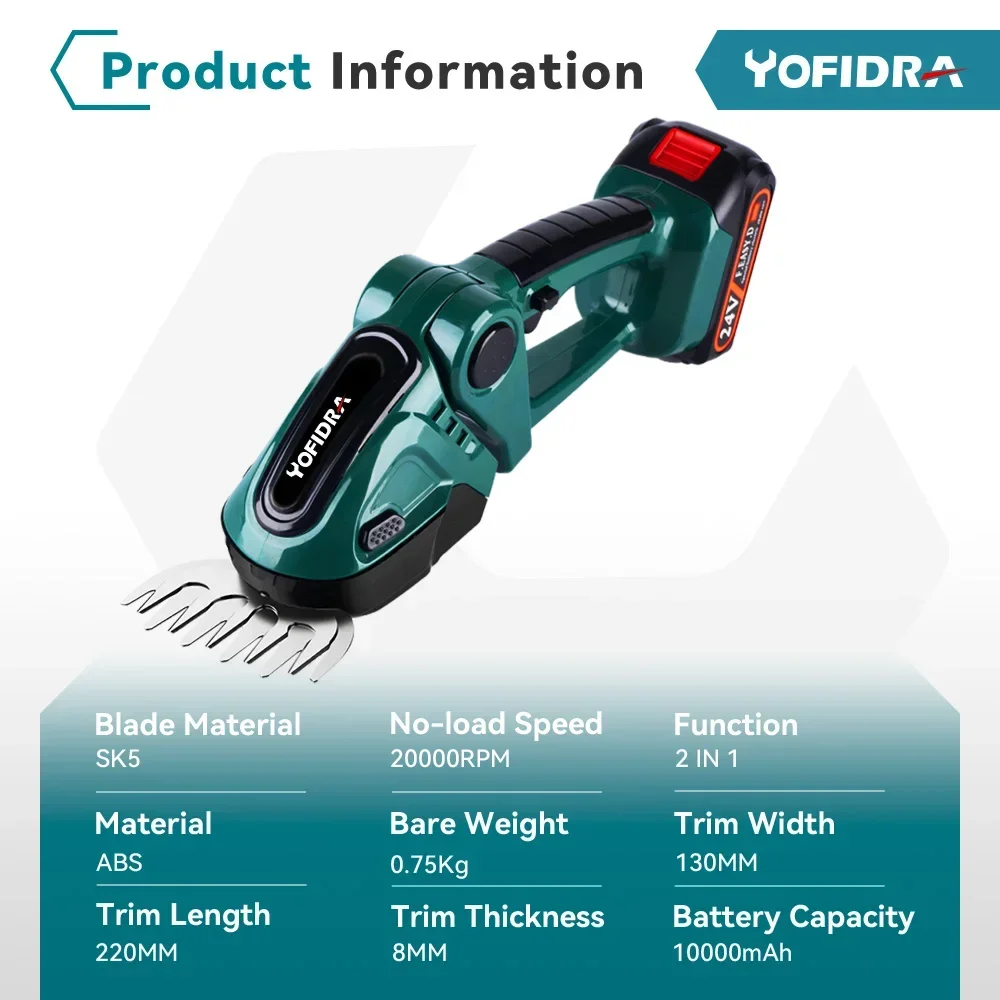 Yofidra 24V 2 en 1 cortasetos eléctrico 20000rpm cortacésped doméstico tijeras de jardín tijeras de césped herramienta eléctrica