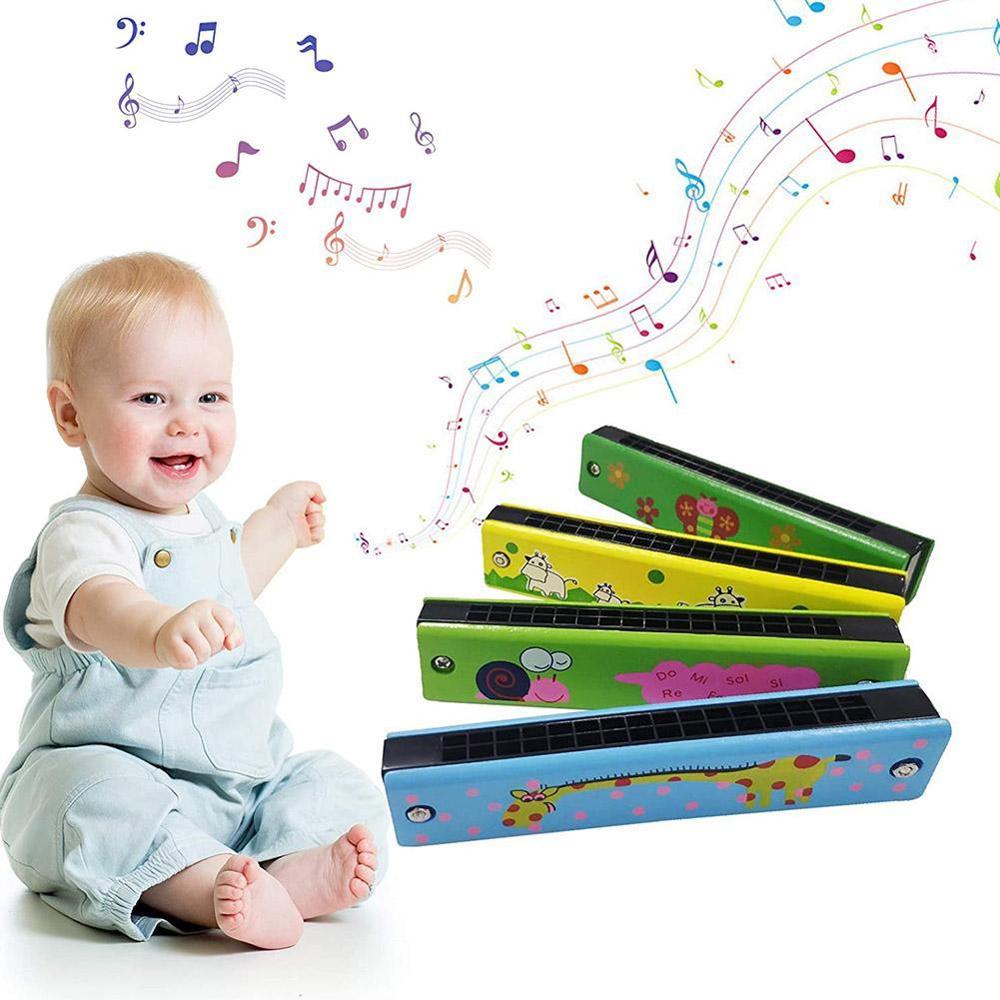 Armónica de madera pintada para niños, instrumento de doble hilera con 16 orificios, instrumento musical para la boca P1E5