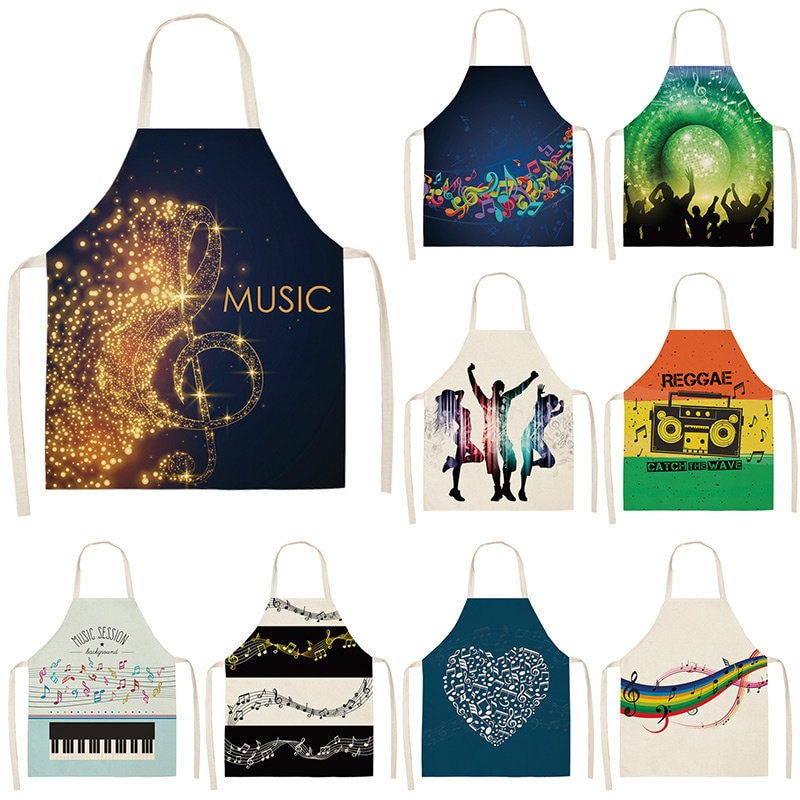Music Note Kitchen Sleeveless Chef Aprons For Women Cotton Linen Bibs Household Cleaning Pinafore Home Cooking Apron 53*65cm