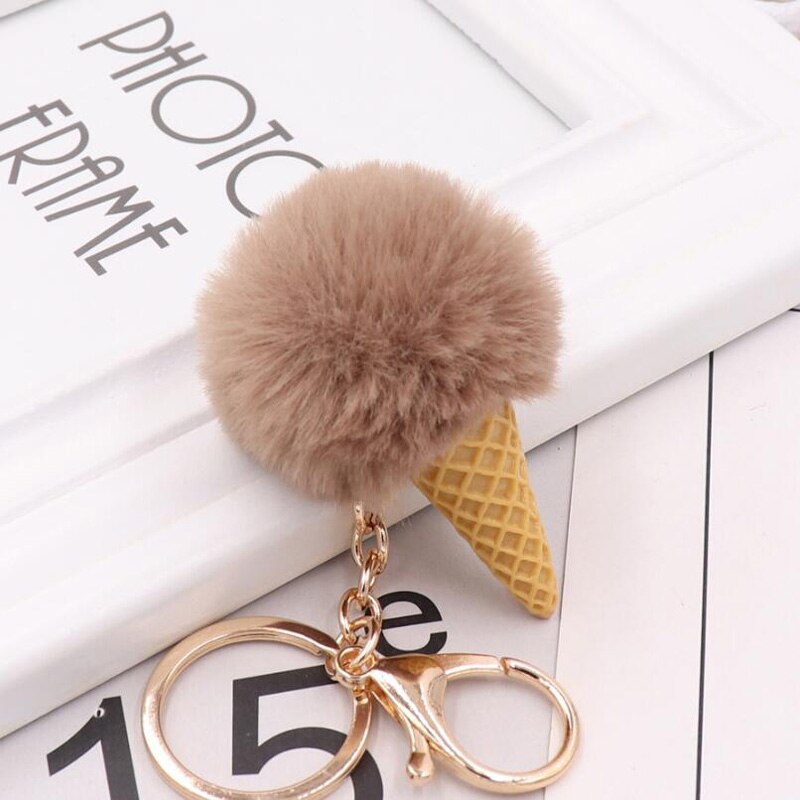 Cute ice cream Keychain Glitter Pompom Key Chain for Women Llaveros Mujer Car Bag Accessories Key Ring Wedding Souvenir: Khaki