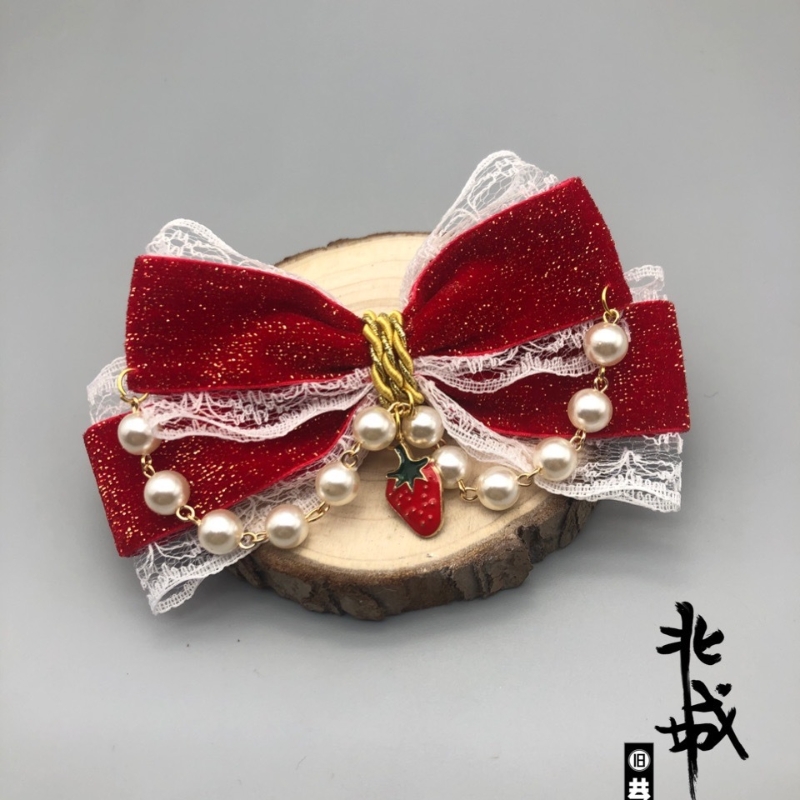 Lolita-Pinza para el pelo para niña, accesorio para el pelo con lazo rojo y Perla, doble cola de caballo, sombreros dulces, accesorios de Cosplay, pasadores de Kawaii para 101A