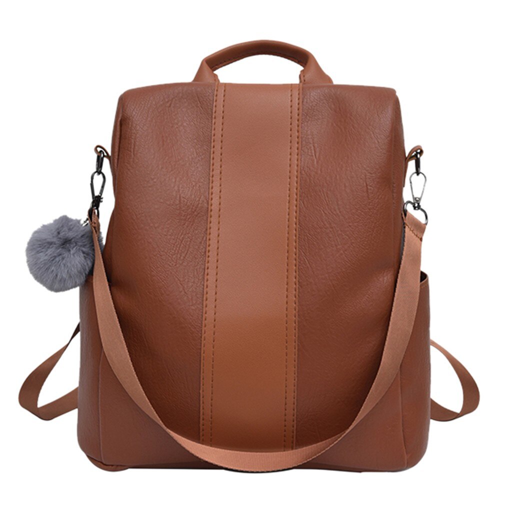 Frauen Anti Diebstahl Rucksack Pu Weichem Leder Rucksack Mit Haar Ball Neue Reise Bagpack Schule Tasche Mochila Feminina: Brown