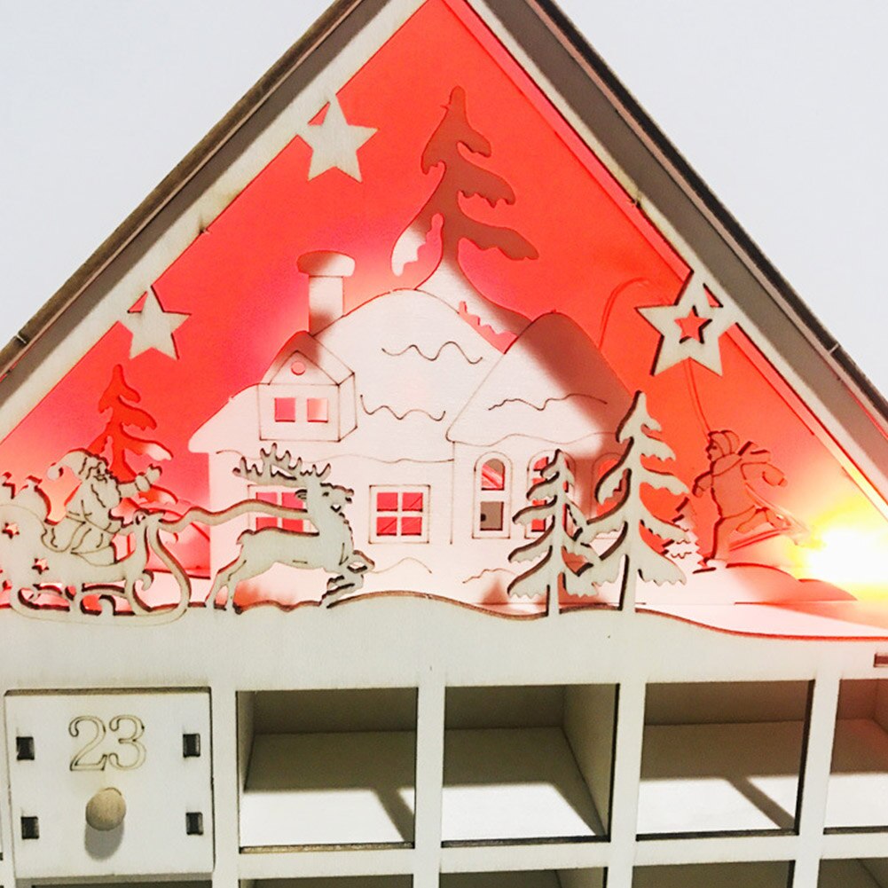 Box Advent Calendar Deer House Desktop Decor Santa Claus Drawer Family DIY Christmas Ornament Wooden LED Light Countdown