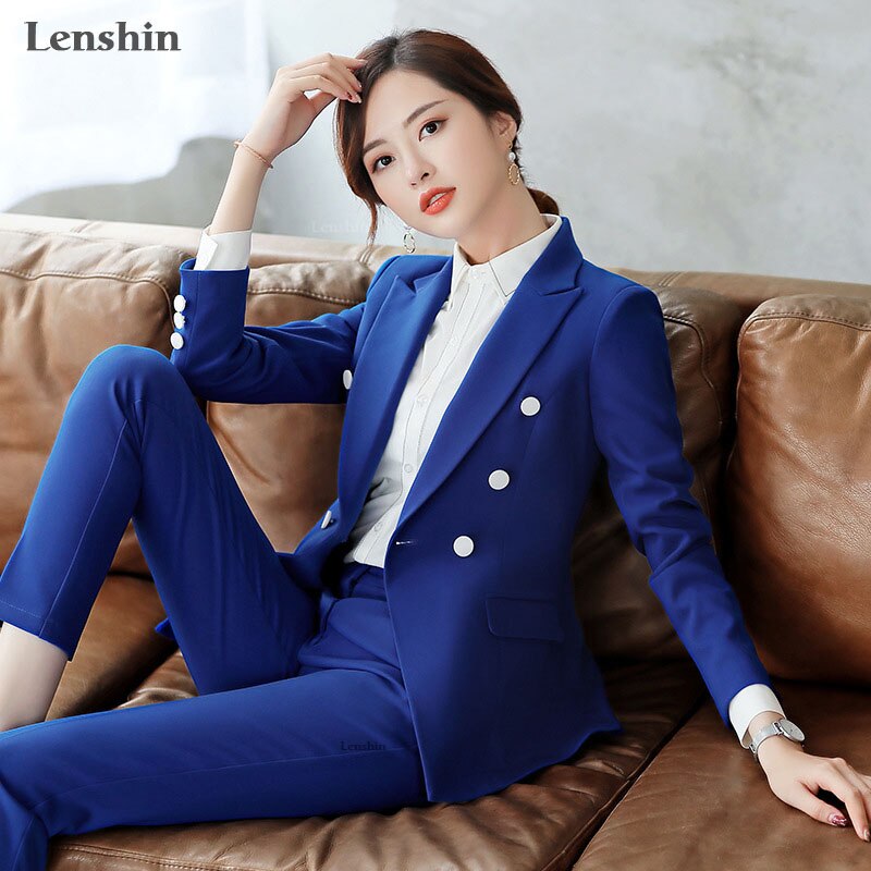 Lenshin 2 Piece Set Formal Pant Suit Blazer Office Lady Designs Women Soft Jacket and Ankle-Length Trousers