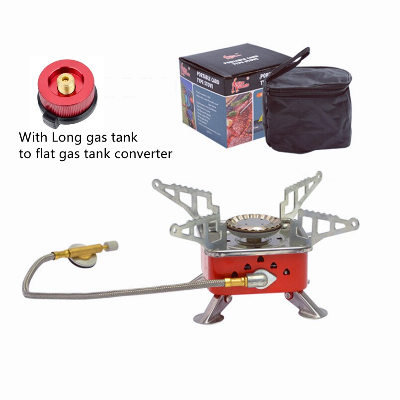 Mini Portable Foldable Camping Stove Long Gas Tank Stove Square Cooker Self-driving Tour Fishing Picnic Outdoor Gas Burner 2800W: A with Adapter