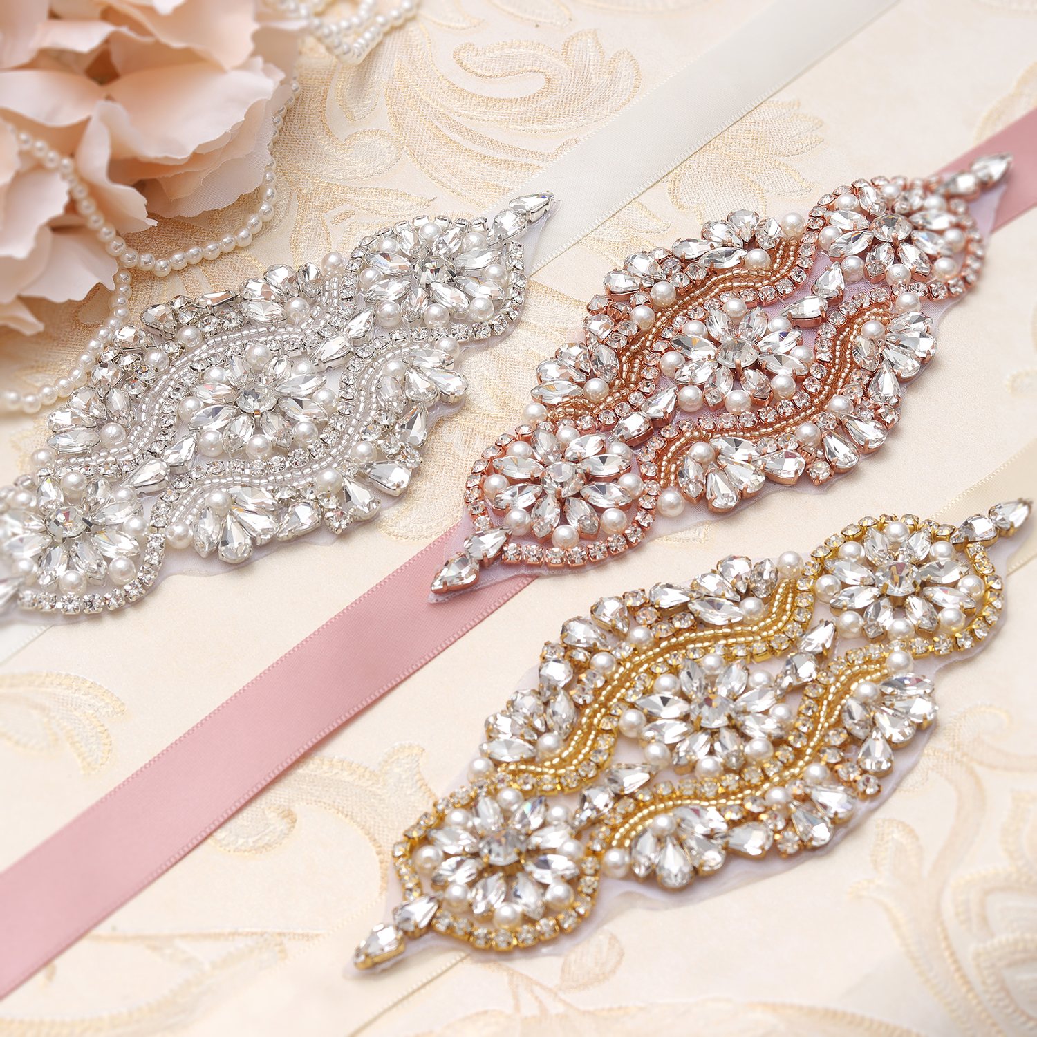 MissRDress Rhinestones Wedding Belt Handmade Pearls Bridal Belt Gold Crystal Bridal Dress Sash For Wedding Accessories JK851