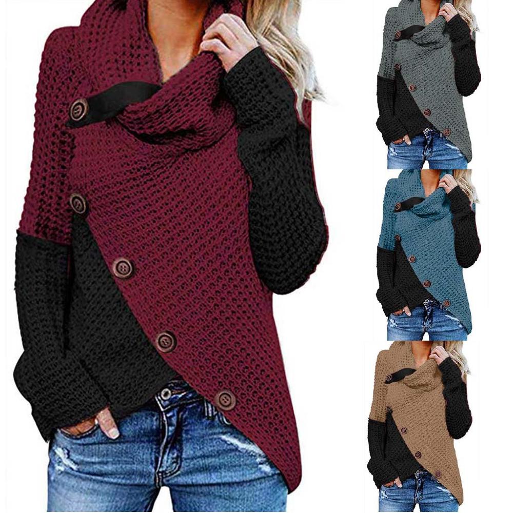 Kvinder vinter rullekrave trøjer langærmet knap patchwork pullovers sweater pull femme trøje