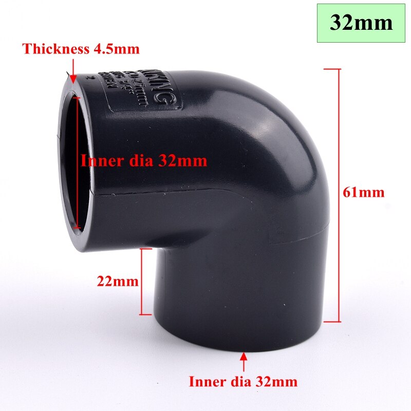 I.D 20~63mm UPVC Pipe 90° Equal Elbow Connector Irrigation System Hydroponics Planting Frame Plastic Elbow Socket Connectors: 1pc / Inner Dia 32mm