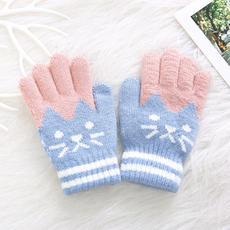 Kinderen Kids Winter Warm Thicken Patchwork Handschoenen Leuke Kat Wanten Imitatie Kasjmier Vinger Handschoenen Voor 4-8Y: 6