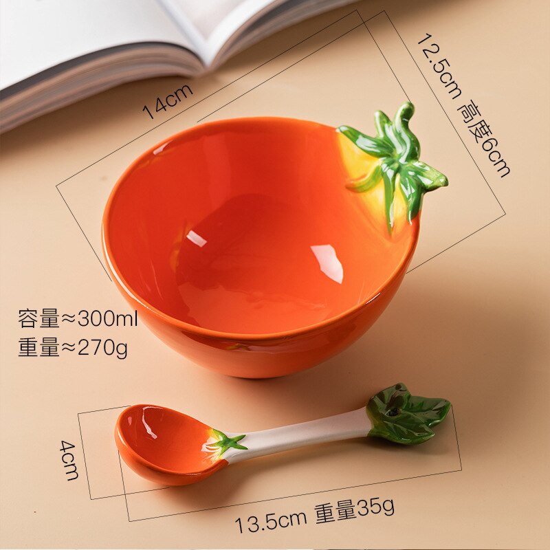 Bol à salade en céramique, européen dessin animé de fruits, bol à nouilles instantanées à la fraise, vaisselle de cuisine 350ML: i and spoon