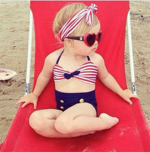 Crianças quentes bebê menina listrado bikini 2 pçs conjunto + bandana listrado halter maiô bonito doce beachwear maiô novo 0-4y