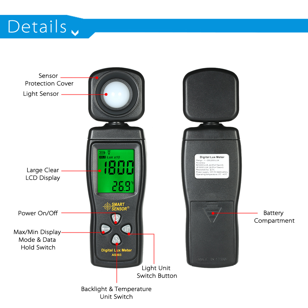 SMART SENSOR Mini Digital Lux Meter LCD Display Handheld Illuminometer Luminometer Photometer Luxmeter Light Meter 0-200000 Lux