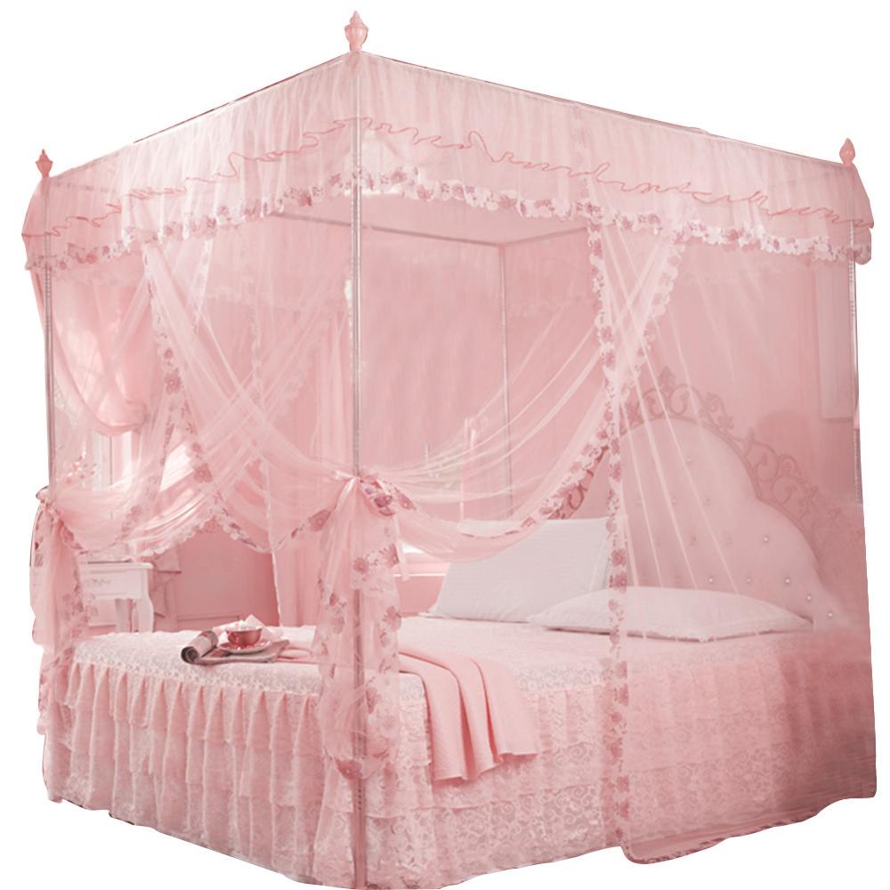 Luxe Prinses Hemelbed Gordijnen 3 Side Openingen Post Bed Gordijn Canopy Netting Klamboe Beddengoed Geen Beugel Thuis Leveranties: Roze / 150 200cm 200cm