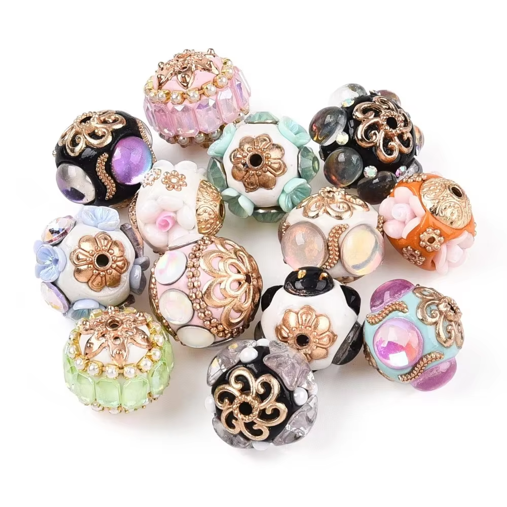Perles indonésiennes faites à la main avec perle de fleur, résultats en alliage, résine pour bijoux à bricoler soi-même, fournitures d'artisanat exécutif, 5 pièces: Or