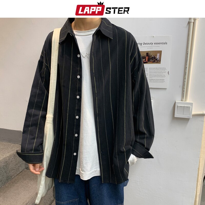 Lappster herre stribet koreansk sort skjorte langærmet herre harajuku overdimensionerede skjorter par streetwear sort skjorte knap op