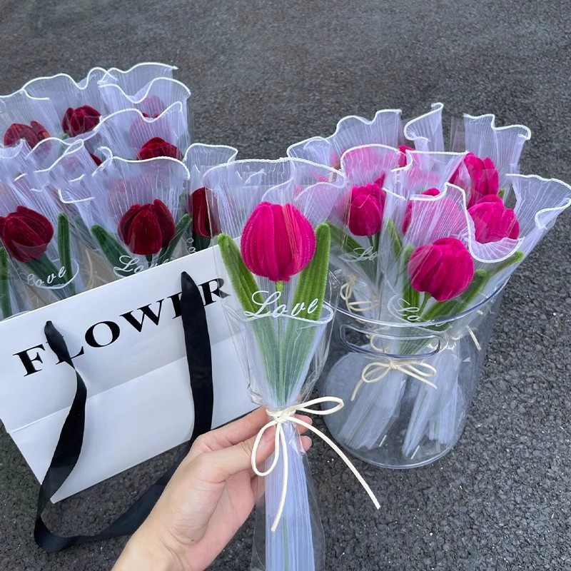 Ramo de flores de tulipán hecho a mano, palo trenzado, acabado de flores rosas tejidas, para parejas, decoración romántica para de boda, 1/3 Uds.: S / Castaño