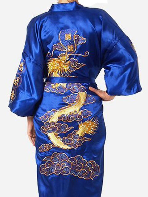 Navy Blue Chinese Men's Satin Silk Robe Embroidery Kimono Bath Gown Dragon Size S M L XL XXL XXXL: S / Blue