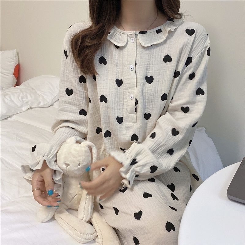 Hart Gedrukt Nachthemden Vrouwen Losse Gezellige Ruches Zoete Lange Mouw Trendy Mooie Tieners Vrouwtjes Sleepshirts Ins Lounge Chic