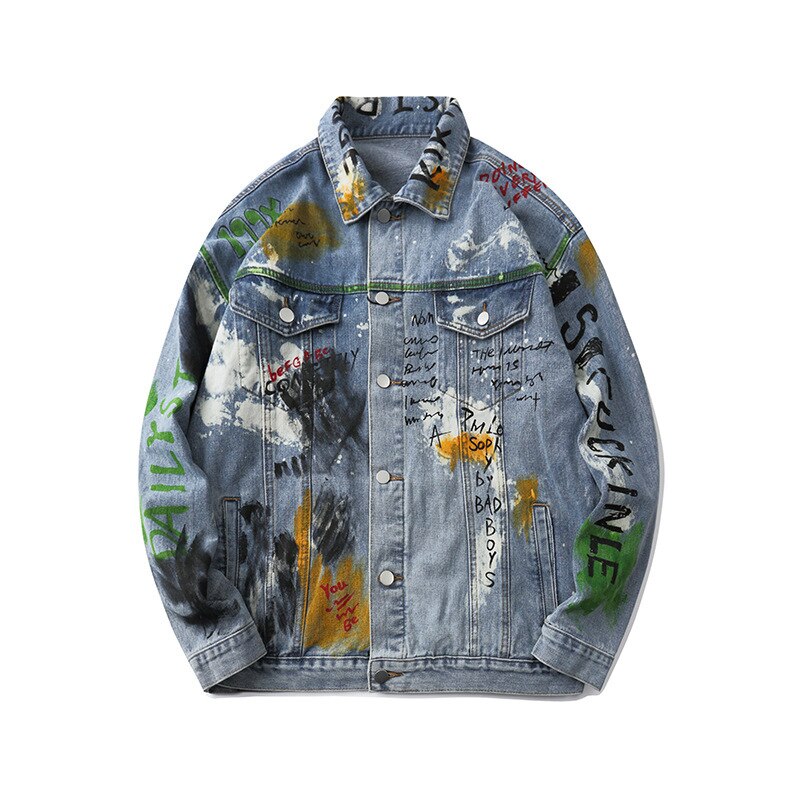 Inkt Graffiti Print Denim Jassen Unisex Hip Hop Punk Rock Casual Jean Jassen Streetwear Mode Hipster Jas Tops Bovenkleding Mannen