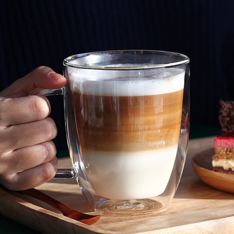 Amerikaanse stijl 350 ml/450 ml dubbelwandige glazen koffie mokken, borosilicaat hittebestendig glas melk cup