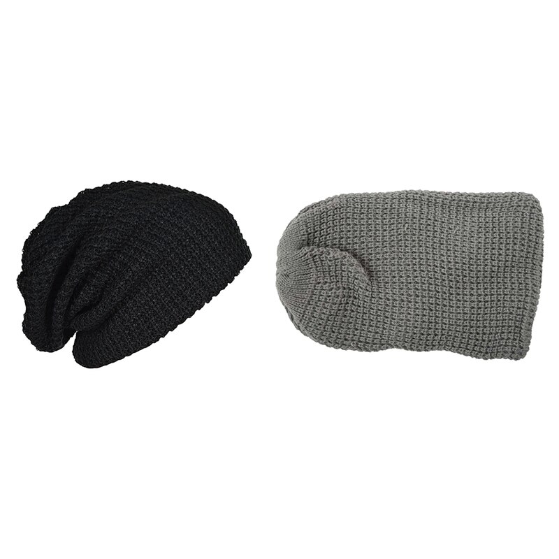 2x mænd slynget lang hue strikket hue til sommer vinter oversize sort og grå