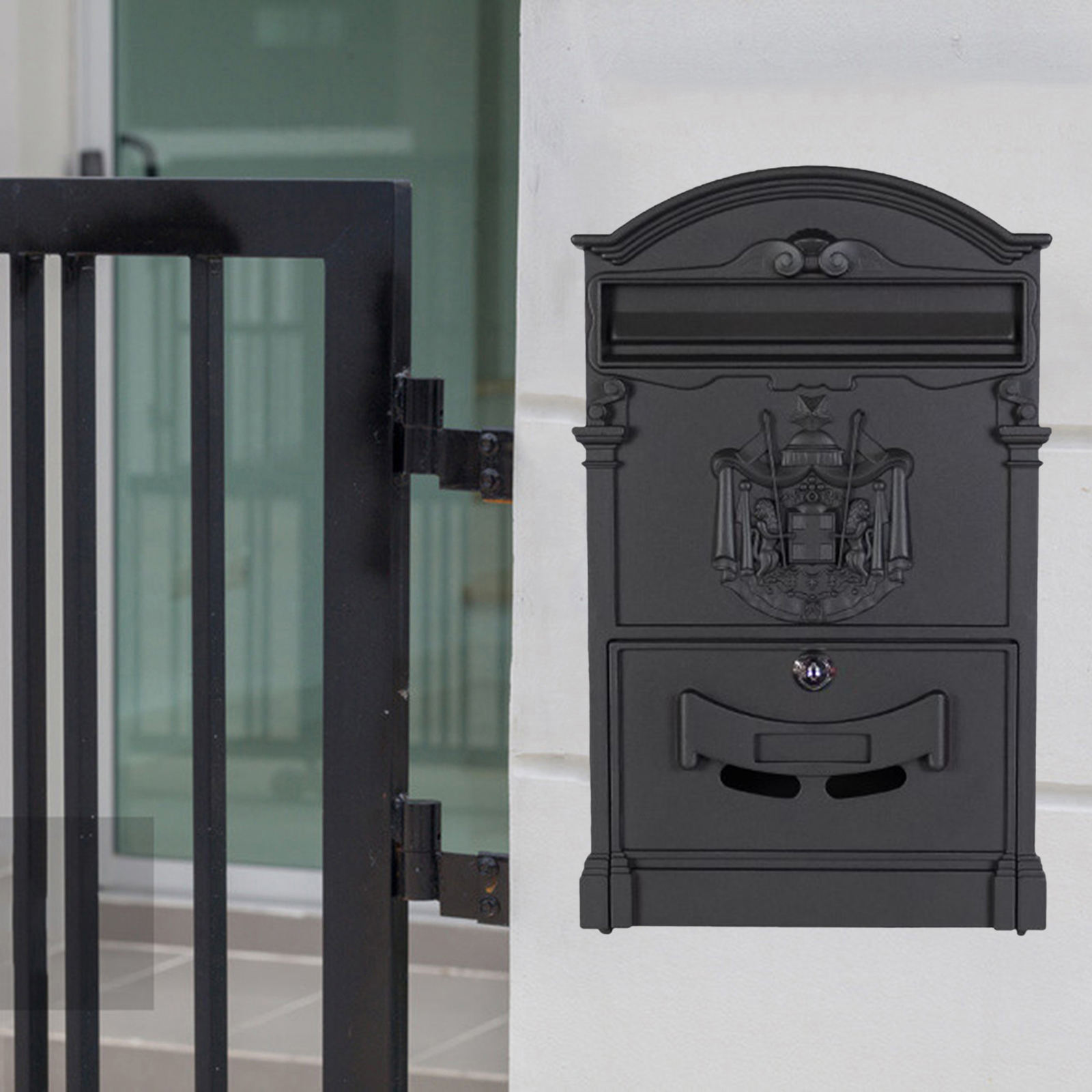 Retro Fence or Wall Mount Letterbox with Spare Keys Newspaper Holder Secure Newspaper Box Locking Mail Box for Front Porch