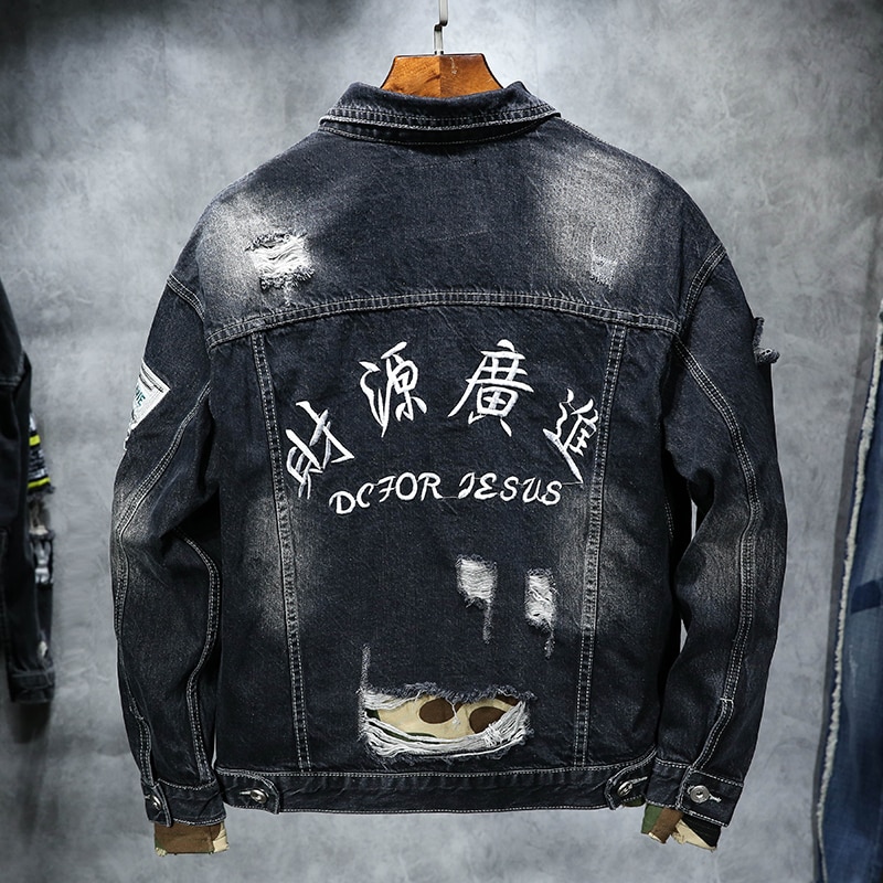 Denim Jacket Men Spring Vintage Hole Embroidered Men's Cowboy Coat Hip-Hop Tide Brand Streetwear