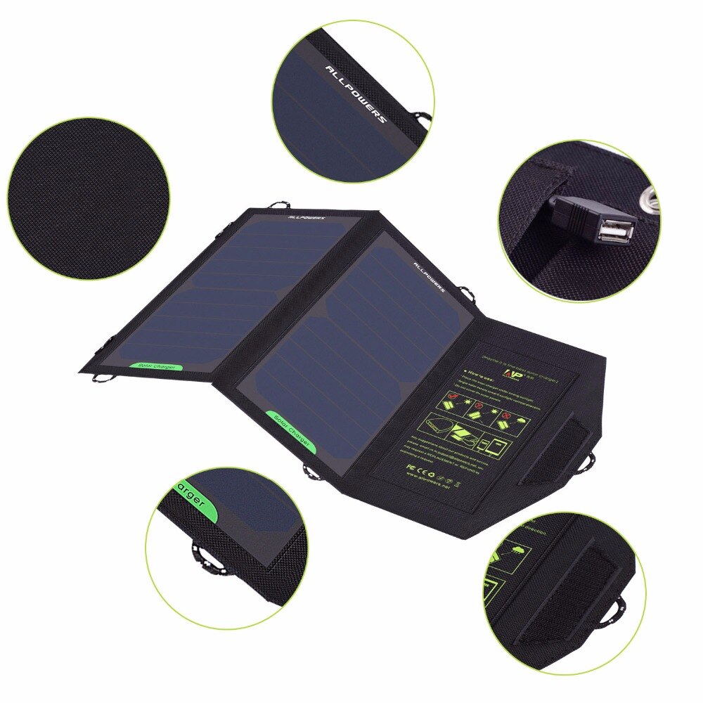 Allpowers aurinkopaneeliparistolaturi usb 5v 10w ulkotietokoneen virtapankki taitettava aurinkopaneeli xiaomi samsung iphone -puhelimelle