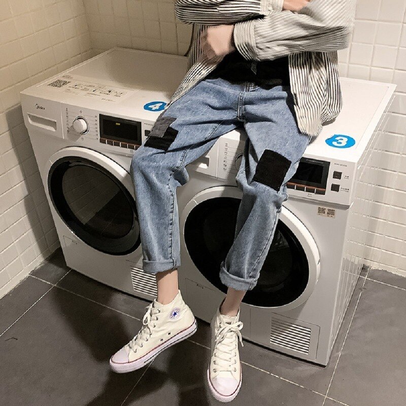 Män jeans lapptäcke ankellängd rak denim trendiga män fritid fast löst matchande cowboybyxor chic retro