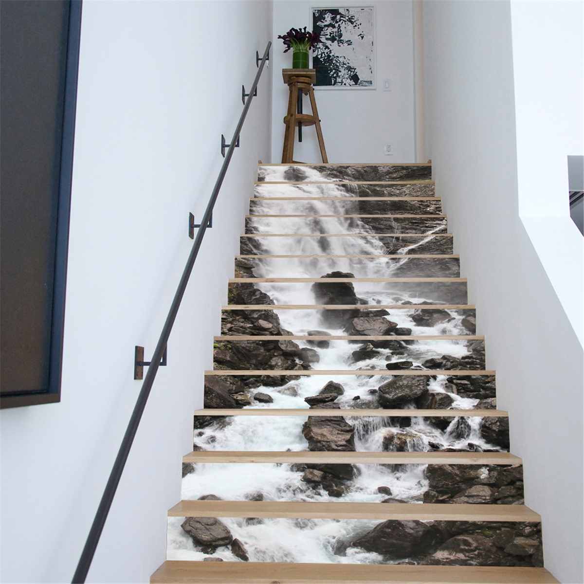 13pcs/set 3D Waterfall and Stone Stair Riser Floor Sticker Self Adhesive DIY Stairway Waterproof Eco PVC Wall Decal Home Decor