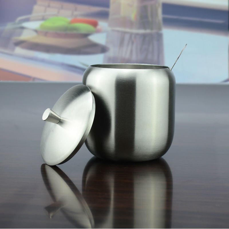 2 pcs 350ML Stainless Steel Coffee Espresso Sugar Bowl Sugar Pot With Spoon Cover Drum Shape Sugar Cup