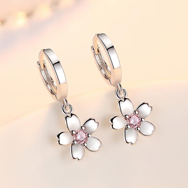 Pendientes de plata de primera ley con forma de flor de cerezo para mujer, aretes pequeños, plata esterlina 925, Circonia cúbica, zirconia, circonita, zirconita, color blanco, rosa