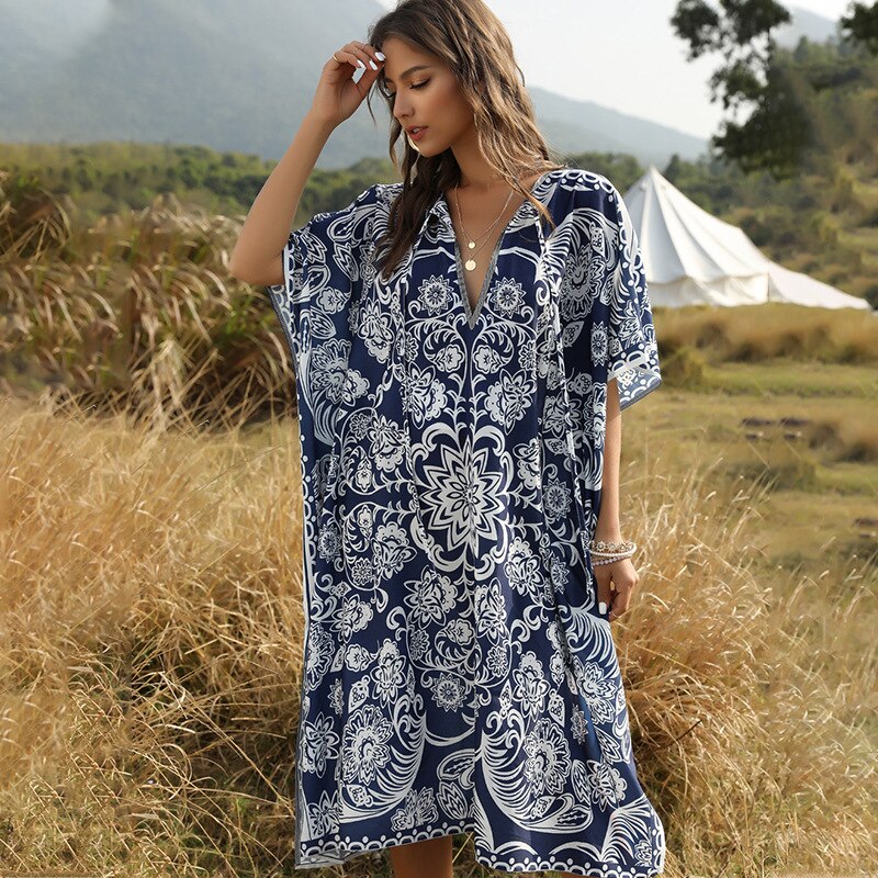 Boheme printet sommer strandkjole badedragt cover-ups plus size kvinder strand wear badedragt cover up blå bomuld tunika  a132