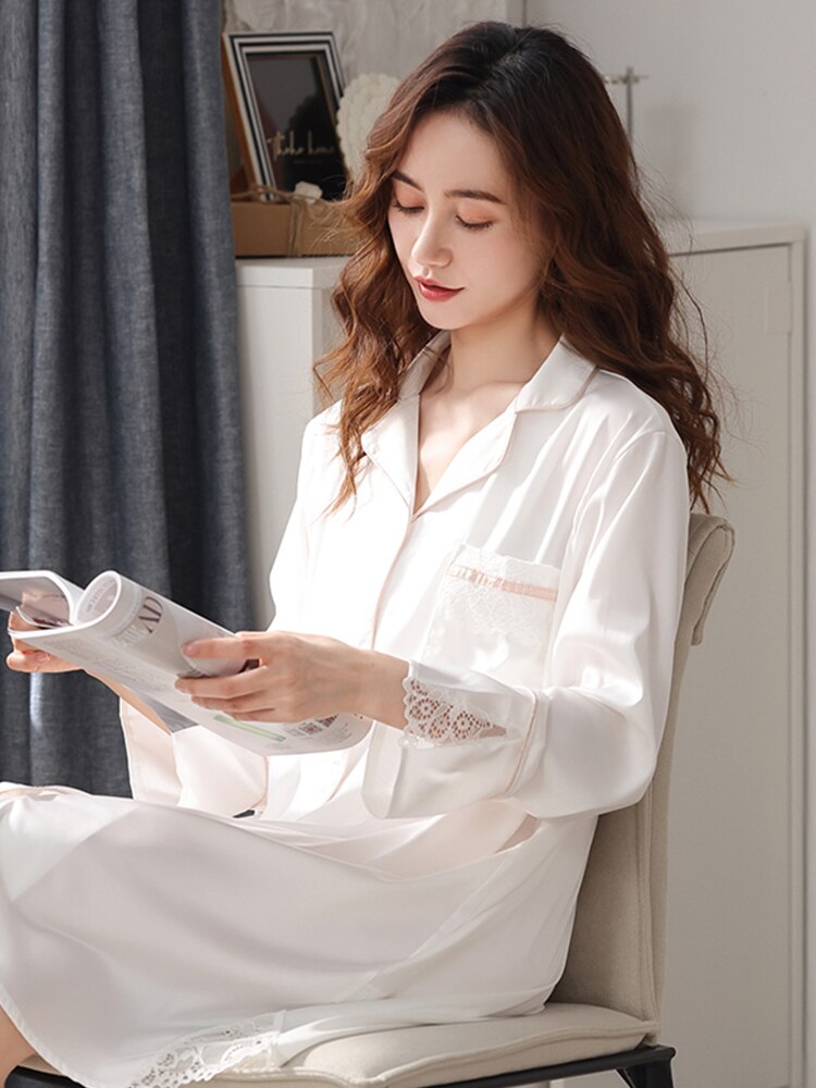 Summer Ice Silk Nightgown for Women Lace Bedgown Night Dress for Ladies Satin Silk Nightshirt Sleepwear