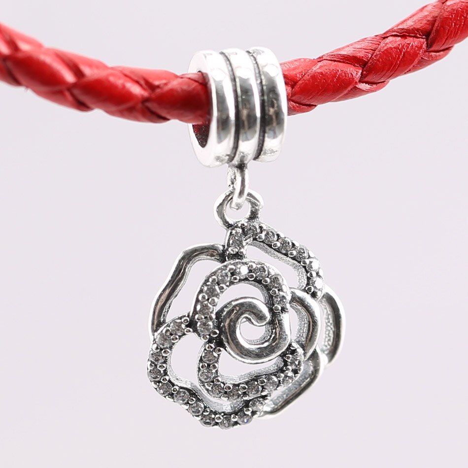 Originele Opengewerkte Rose Bloem Met Crystal Hanger Kraal Fit 925 Sterling Zilveren Kraal Charm Armband Diy Sieraden