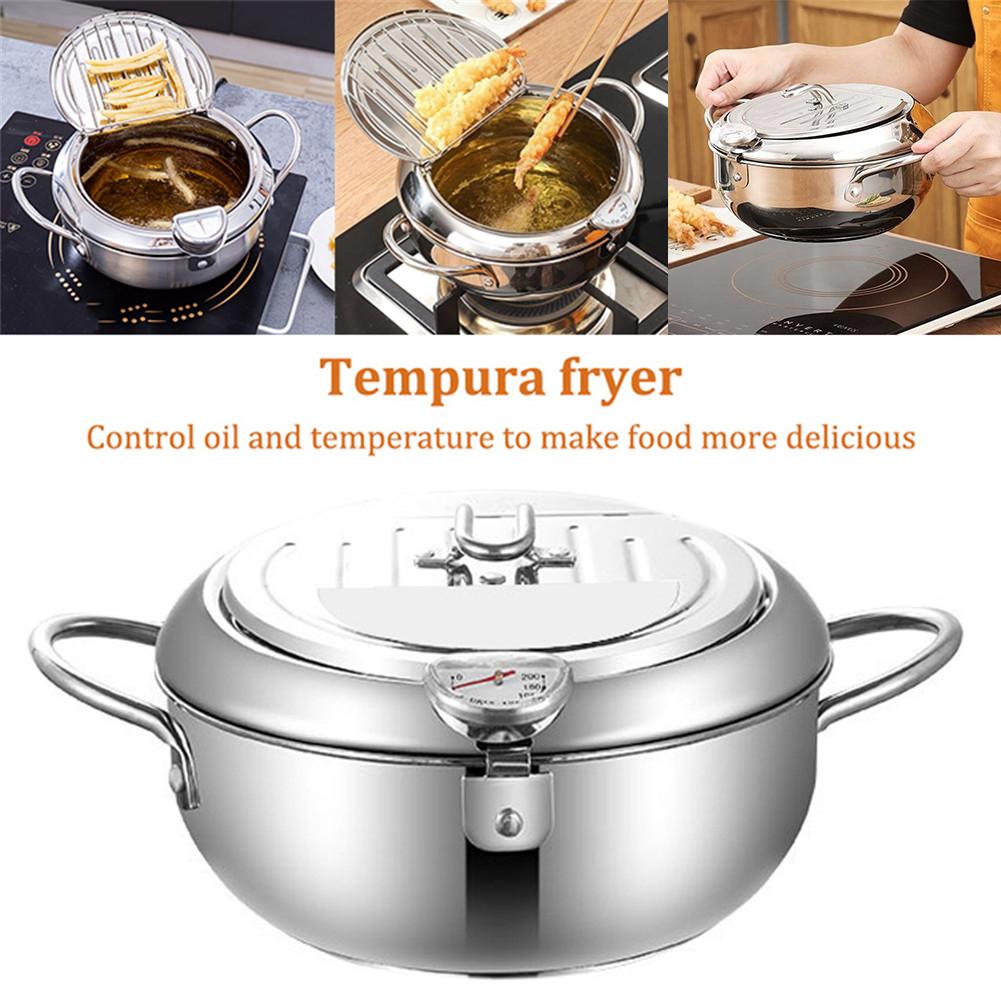 Frituregryde i rustfrit stål med termometer og låg husholdnings tempura frituregryde til madlavning til køkkeninduktionskomfur