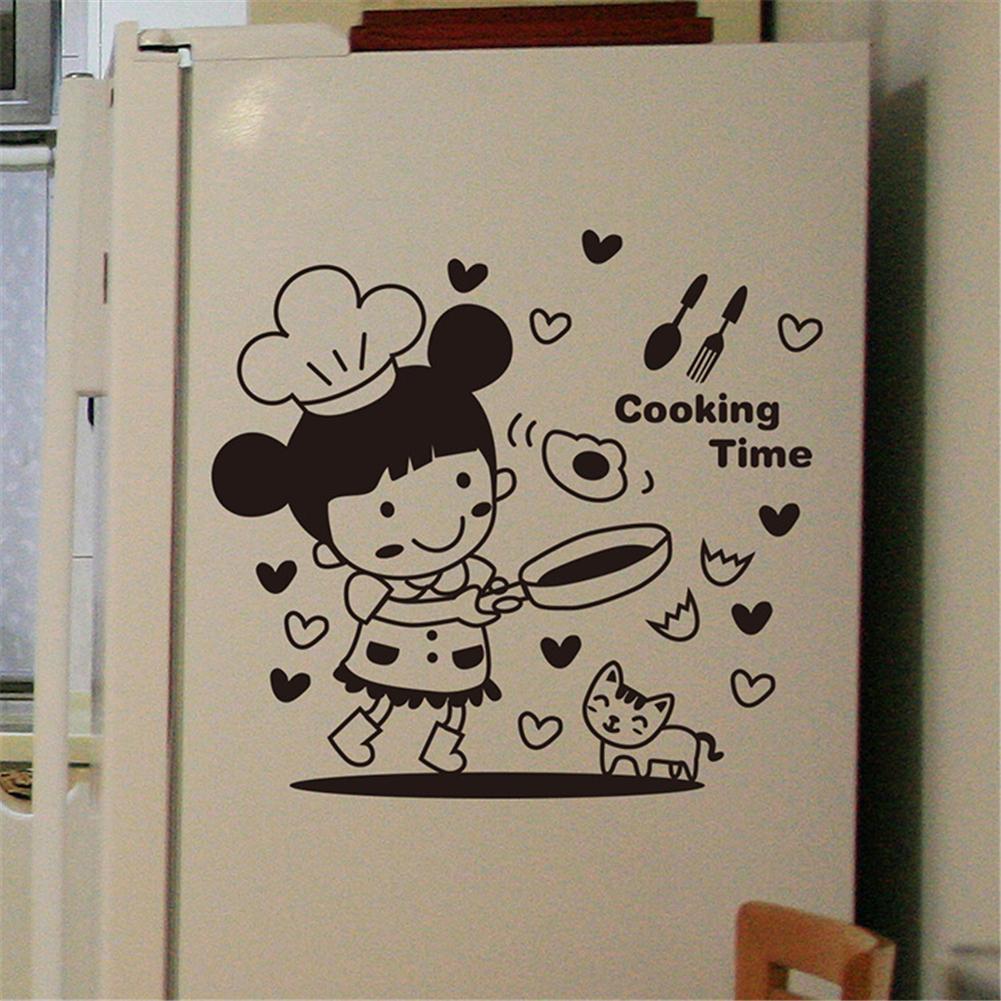 Cartoon Cat Girl Chef Cooking Time Wall Sticker Restaurant Bar Kitchen Dining Room Fridge Light Switch Decal DIY Art Home Decor