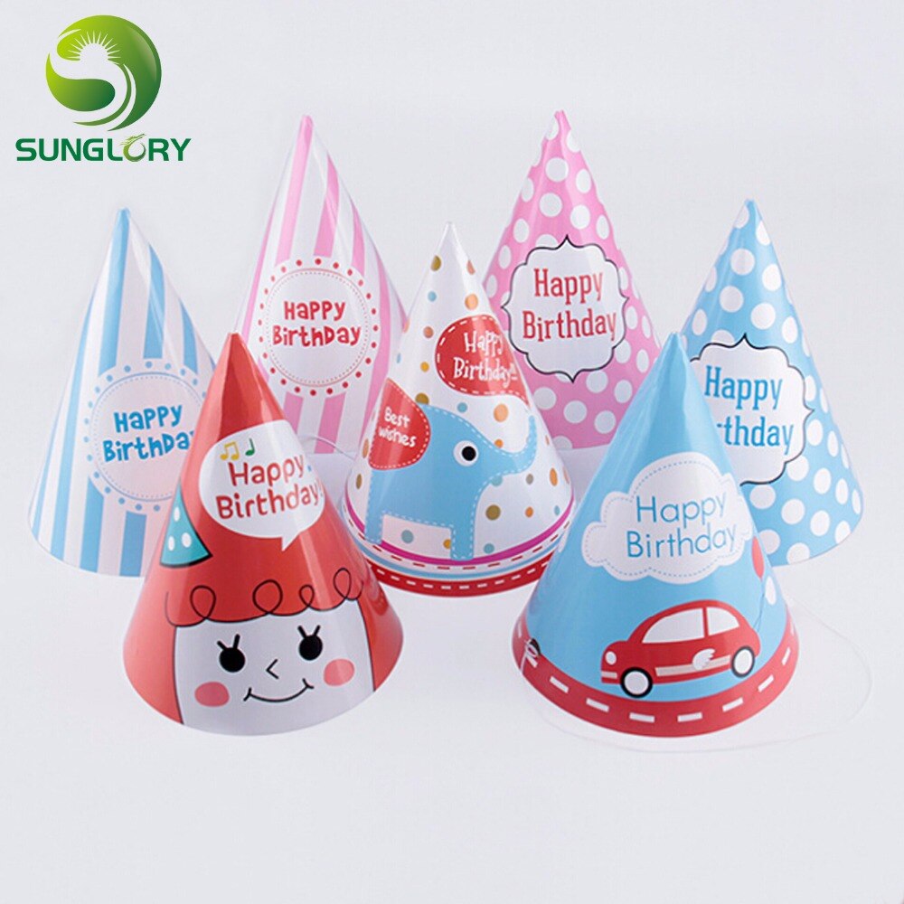 Suministros de celebración de 10 unids/set decoración niños cumpleaños gorros de Feliz cumpleaños niños sombrero con cordón elástico 7 formas